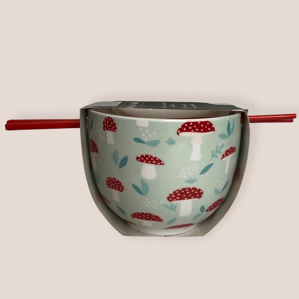 New Coco + Lola Mushroom Print Noodle Bowl with Chopsticks